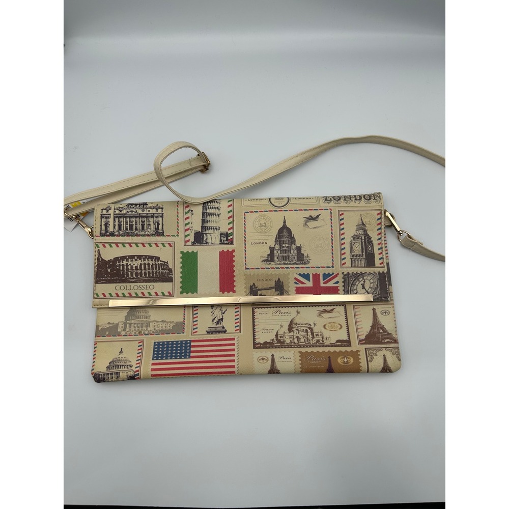 Travel Postage Stamp Print Crossbody Bag Global Landmark Clutch Cream‎ Gold Bar